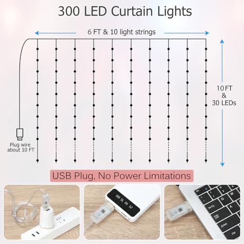 Fairy Curtain Lights 10ft x 10ft, 300 LED Twinkle String Lights - size: 300-LED Warm White 10ft x 10ft