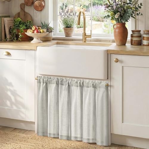 jinchan Linen Striped Tier Curtains for Kitchen Windows Farmhouse - color: Striped Grey | on Beige, size: 26"W x 24"L (Pack of 2)