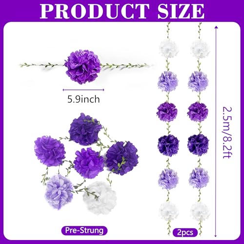 Ombre Purple White Party Decorations Lavender White Tissue Paper Flowers Pom Pom with Leaf Ribbon Hanging Garland Streamer for Birthday Bachelorette Wedding Lilac Violet Party Supplies - color: Purple