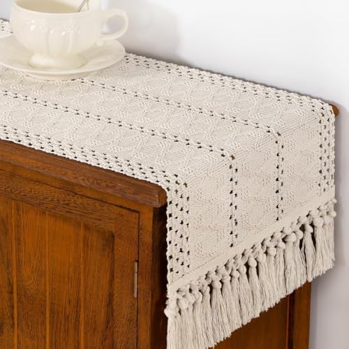 Beige Woven Table Runner Cotton Linen Boho with Tassels 11"×90" - color: Beige, size: 11" × 90"
