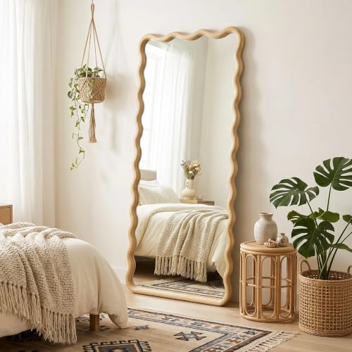 Full Length Mirror, 60”x25” Wavy Wood Floor Mirror for Wall - size: 60"L x 25"W