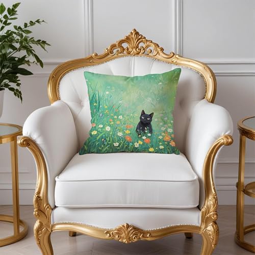 Floral Black Cat Pillow Covers 18x18, Cats Lovers Lady Gifts, Cat Gifts for Mom Mother's Day, Cats in Green Field Meadow Decorative Pillow Covers for Home Bedroom Living Room Office Decor - color: Style05