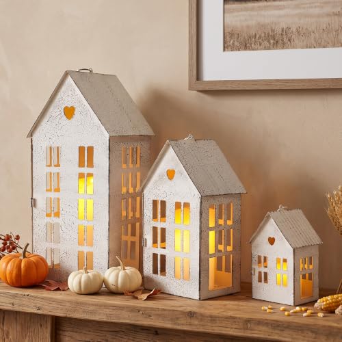 TRIROCKS 3 Pcs Decorative Mantel Shelf Tea Light Lanterns 13.5"&9.5"&5.5" H Village Farmhouse House Candle Holders for Home Decor Patio Wedding Parties Ornaments Indoors Outdoors(Cream White) - color: White