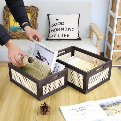 Rattan Wooden Storage Basket with Handle, Brown Set of 2 - color: Brown, size: Large & Small (Set of 2)