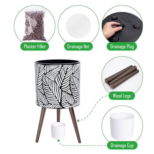 D'vine Dev 14 Inch Planter Pot with Wood Stand, White/Grey, 88-L-D-7 - color: White/Grey, size: X-Large