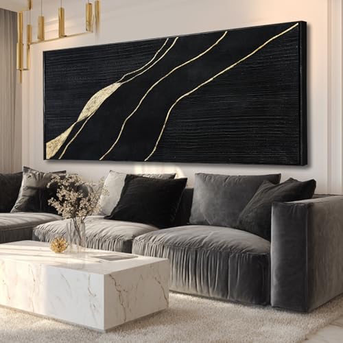 Black Gold Hand Painted Abstract Canvas Wall Art Living Room 32x70 Inch - color: Black, size: 70"L x 32"W