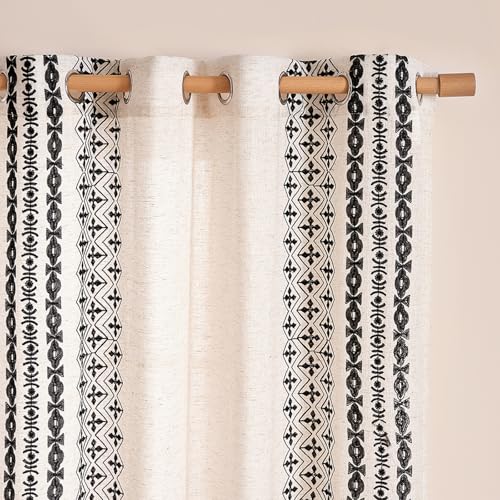 Black and Cream Boho Embroidered Curtains for Living Room 90 Inch - color: Striped-black, size: 52"W x 90"L (Pack of 2)