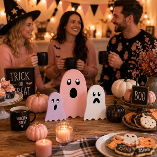 3 Pack Pink Halloween Ghost Decor, Wooden Tabletop Decorations for Home
