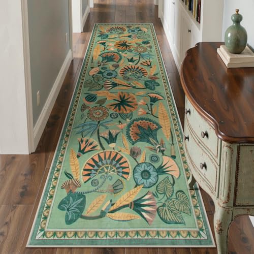 Zealude Floral Kitchen Rugs, 2.5X8 Green Runner Rug for Hallway, Non Slip Rugs for Entryway, Washable Carpet Runner with Rubber Backing, Vintage Rug for Bathroom Bedroom Indoor - color: Sage Green, size: 2'6'' x 8'(Runner)
