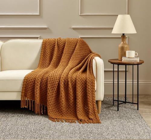 CREVENT Farmhouse Boho Knitted Throw Blanket for Couch Sofa Chair Bed Home Decoration, Soft Warm Cozy Light Weight for Spring Summer Fall (60''X80'' Caramel/Rust Burnt Orange) - color: Burnt Orange, size: 60inchx80inch