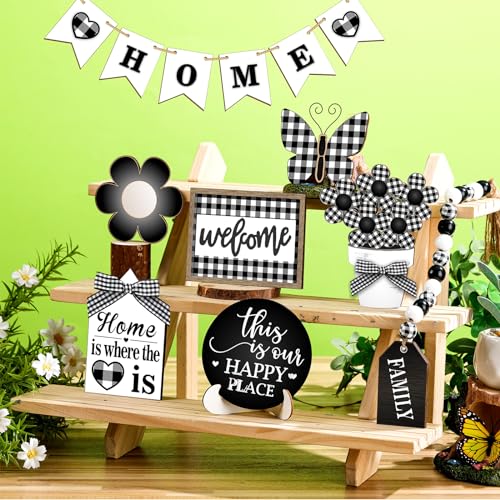 Fairysandy 11 Pcs Home Tiered Tray Decor Floral Rustic Wooden Signs - style: Novelty