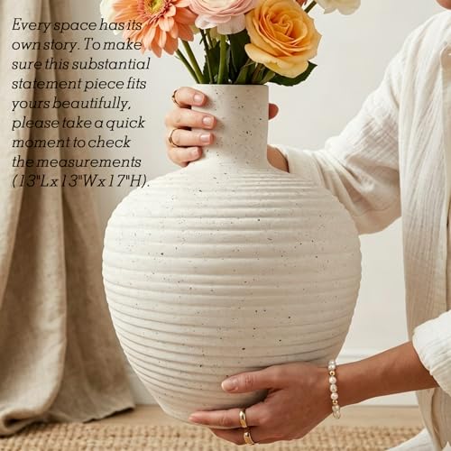 Oakrain Large Flower Vase with Groove Texture, 17" Tall Floor Vase, White - size: 17 Inch