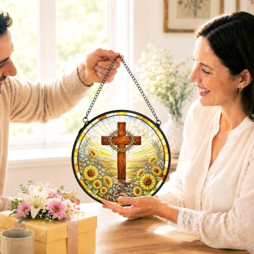 Sunflower Christian Stained Glass Window Hanging Decorations 7.9x7.9 - color: Crucifix-5