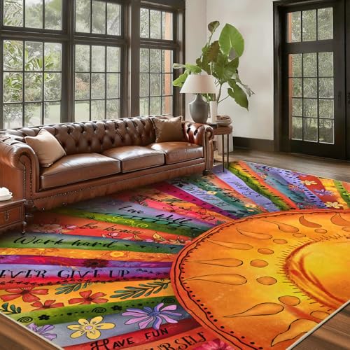 Likiyol Sun Rugs for Living Room 6x9 Area Rug, Non Slip Washable Rugs for Bedroom Soft Faux Wool Inspirational Living Room Rug, Large Carpet Low Pile for Dining Room, Home Office Decor - size: 6' x 9' (Rectangular)
