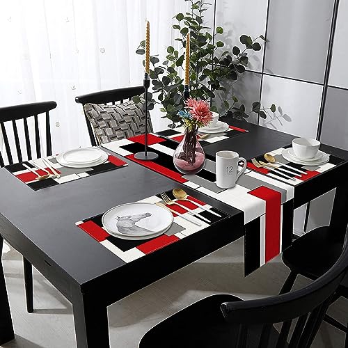 ArtSocket Table Runner and Placemats Set of 6, Geometric Abstract - color: Geometric Red