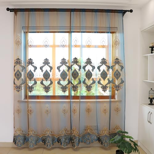 SLOW SOUL Set of 2 Panels Exquisite European Blue Sheer Curtains Golden Floral Embroidered Velvet Sheer Curtain for Living Room Bedroom Dining Room Rod Pocket Blue Tulle 48W X 102L inch Length - color: Blue Tulle, size: 48"W x 102"L (Pack of 2)