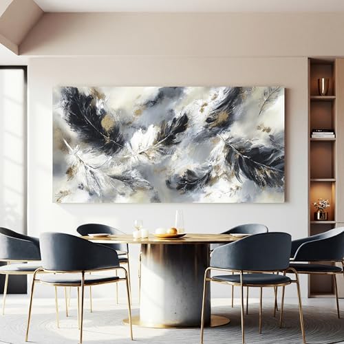 YISXINOAG Black White Abstract Wall Art Modern Feather Painting 24"X48" - color: black grey, size: 48"L x 24"W