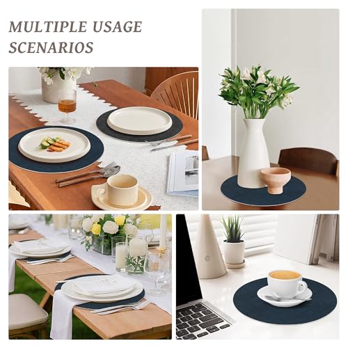 NCUE 13" Faux Leather Round Placemats Set of 4, Reversible Dual-Color - color: Deep Gray Navy Blue