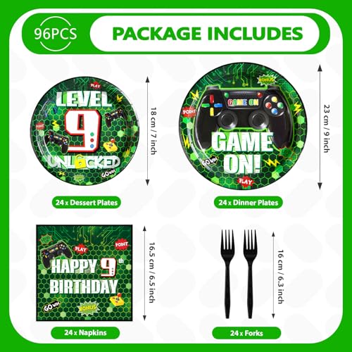 96 Pcs Video Game 9th Birthday Party Decorations for Boy, Serves 24 - style: Green Video Game 9th Kit