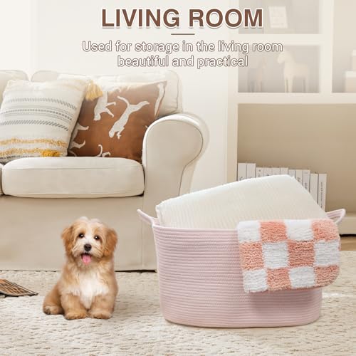 YOUDENOVA Large Blanket Basket, Rectangle Cotton Rope Storage Basket, Pink - color: Light Pink