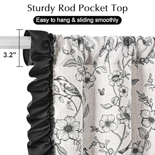 Yinhua Floral Kitchen Curtains 36 Inch with Ruffle Tieback, Farmhouse Vintage Linen Kitchen Window Curtains Over Sink, Light Filtering Rod Pocket Small Cafe Curtain, 26" W x 36" L, 2 Panels, Black - color: Black, size: 26"W x 36"L (Pack of 2)
