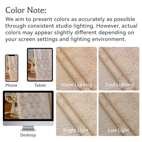 Sheer Boho Lace Curtains 63 Inches Long, Beige, Set of 2 Panels - color: Beige, size: 59"W x 63"L (Pack of 2)