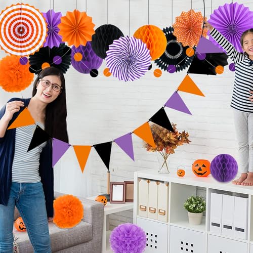 26 Pcs Halloween Party Decorations Kit, Paper Fans Pom Poms Banner 8-16 in - color: Purple