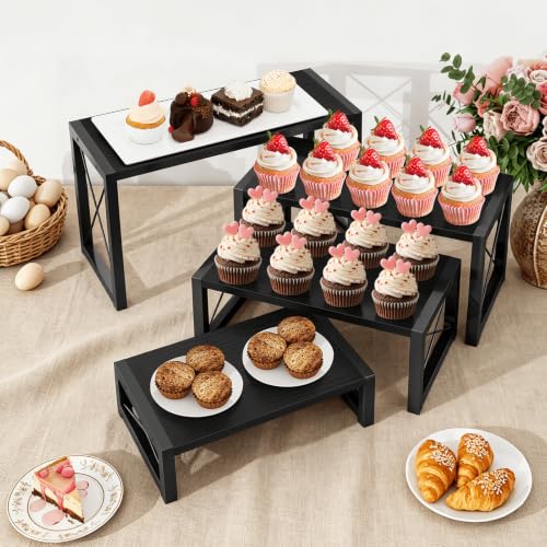ELITEROO Wooden Risers Display Stands, 4 Tier Cupcake and Dessert Display Stand, Nesting Riser for Buffet Table for Cup Cake, Food, Collectibles, and Market Vendor Events Retail Shelf Organizer, Black - color: 4 Tier, Black