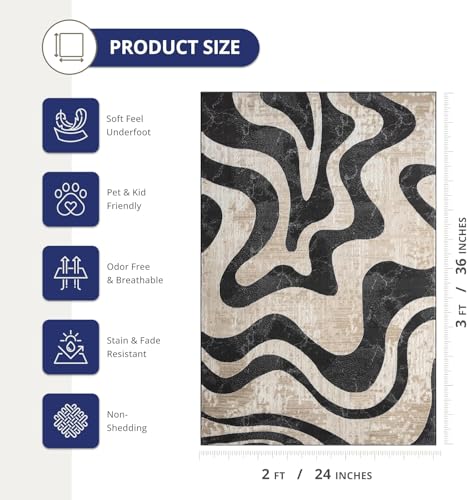 Beige Black Swirl Modern Area Rug – 2'6" x 6' – Contemporary Abstract Design – Terra Collection – Non-Shedding, Fade-Resistant, Easy to Clean – Durable for High Traffic Areas – Living Room & Bedroom - size: 2'6" x 6' (Rectangular)