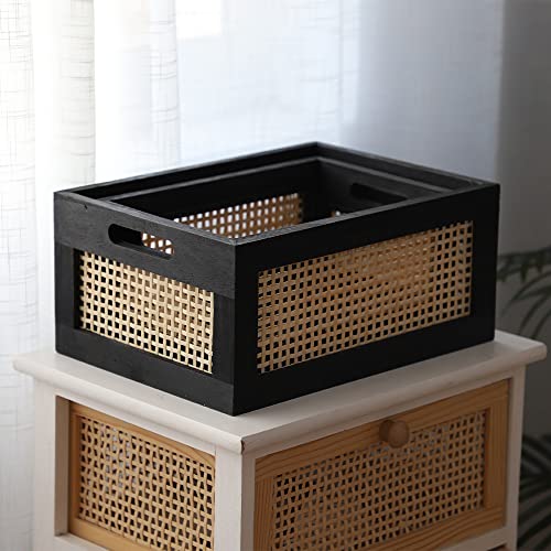 Wicker Wood Storage Baskets with Handle, Set of 2, Black - color: Black, size: Large & Small (Set of 2)