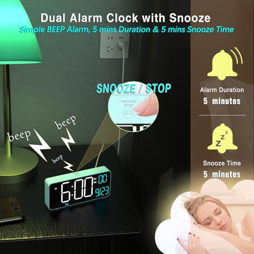 KOSUMOSU Digital Alarm Clock for Bedroom, 6.7in Desk Clock LED, Auto Dimming, Room Temperature, Day of The Week, Date, Seconds, Clocks for Living Room, Alarm Clocks for Bedrooms - color: Blue (White + Blue Digits)