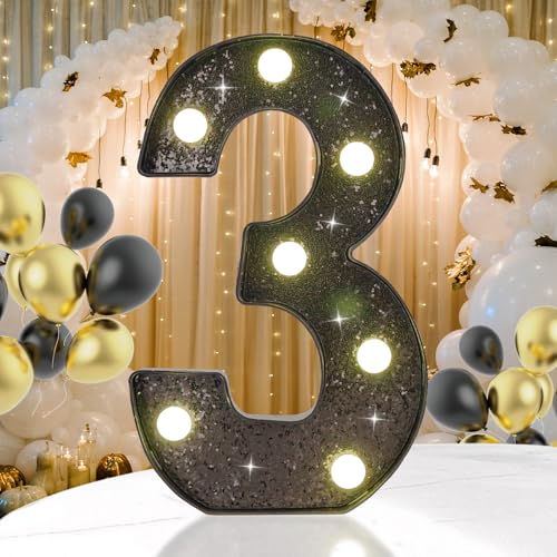 Black Glitter LED Marquee Number 3, Warm White Light Decor Sign - size: Number-3