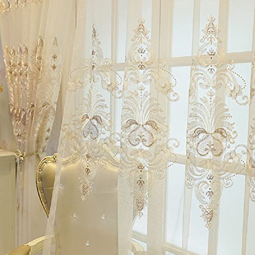 Amidoudou 1 Pair European Embroidered Tulle Curtains for Living Room Bedroom Luxury Translucent Curtain (Beige,51x102 Inch) - color: Beige, size: 51"W x 102"L (Pack of 2)
