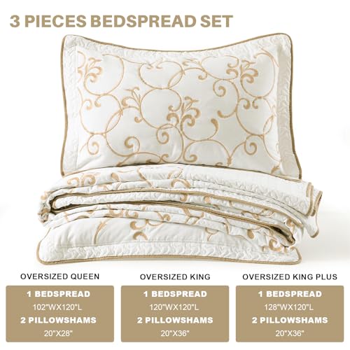 100% Cotton Oversized Bedspread Quilt Coverlet Set, 120"x102" Extra Large Queen Bedspreads with Pillow Shams, Lightweight Embroidered Bedding Cover 3 Piece, Beige/White - color: Beige/White, size: Oversized Queen(120"x102")