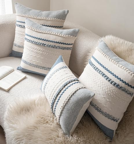 Cethom Boho Throw Pillow Covers 20x20 Inch Set of 2, Blue Textured Decorative Couch Pillow Cases for Farmhouse Home Decor, Accent Cushion Cover for Sofa, Bed, Living Room, Bedroom - color: Blue, size: 20" x 20" (Pack of 2)