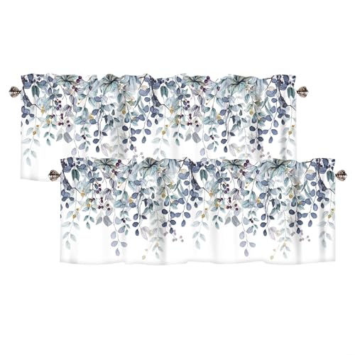 Dark Blue Eucalyptus Leaves Valances for Windows 2 Panels, 42x12 in - color: Eucalyptus Leaves-dark Blue, size: 42"W x 12"L (Pack of 2)