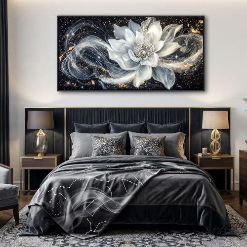 Abstract Flower Wall Art, Black and White Gold Simplicity Framed Canvas Painting Large White Lotus Modern Pictures Artwork for Living room Bedroom kitchen Home Office Decor 24x48 IN - color: Black, size: 48"L x 24"W