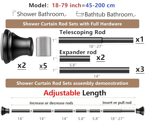 Black Tension Shower Curtain Rods – Adjustable 18-79 Inches, Fits 20-78 Inch Spaces (Ideal for 72" Wide Bathrooms), Rust Resistance Adjustable Durable Spring No Drilling - color: Black, size: 18-79 inch