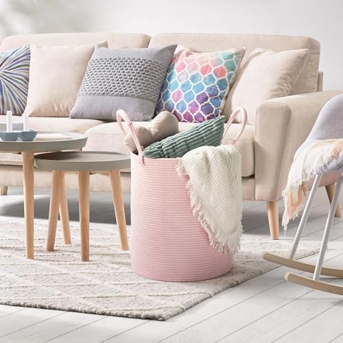 Laundry Hamper Basket, Woven Cotton Rope Blanket Basket, Nursery Storage - color: Light Pink, size: 16"D x 22"H