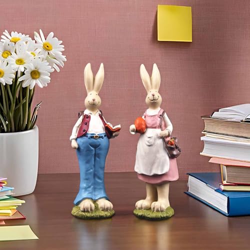 Easter Bunny Figurines Set of 2, Resin Rabbit Couple Decor, 6.1 Inch