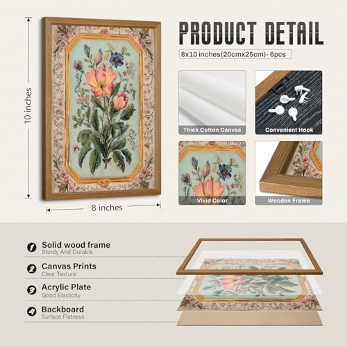 Indian Wall Art Vintage Floral Canvas Poster India Wall Decor Folk Flower Prints Scandinavian Pictures Antique Botanical Painting Gallery Artwork for Bedroom Living Room 8x10x6 Inch Wood Framed - color: Indian Floral Prints, size: 8"x10" Framed