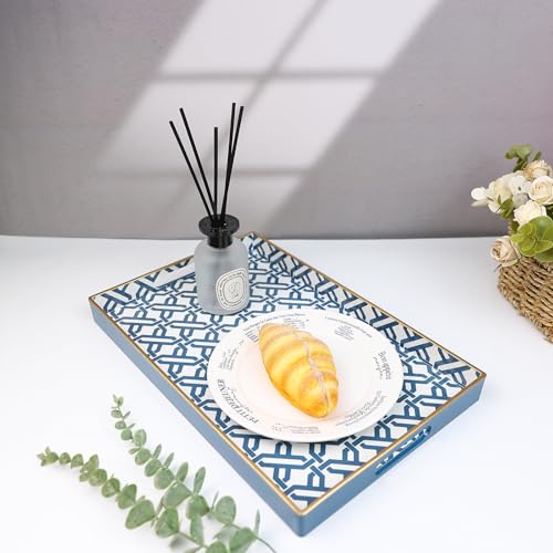 Spsyrine White Serving Tray, Plastic Marbling Tray for Coffee Table, Stylish Rectangular Decorative Tray with Handles, Ottoman Tray for Living Room, Bathroom, 15.6” X 10.2" - color: White