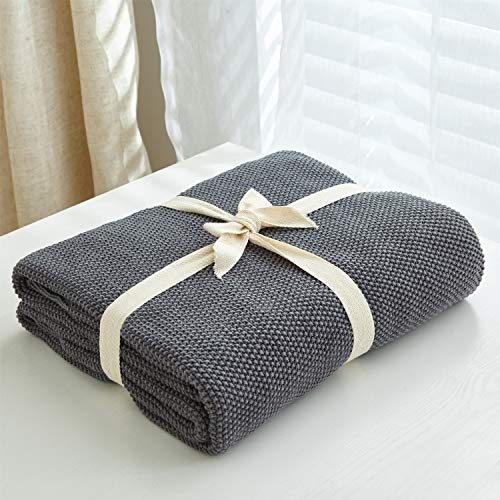Longhui bedding Dark Grey 100% Cotton Lightweight Cable Knit Throw Blanket for Couch Sofa Bed Home Large Decorative, Bonus Laundering Bag, Dark Gray 60 x 80 Inch, Machine Washable - color: Dark Grey, size: 60"x80"