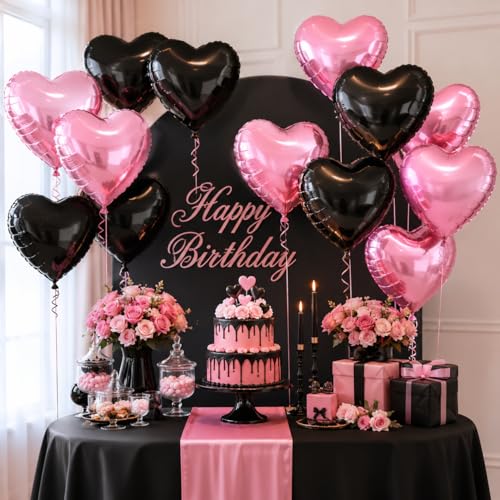 Pink Black Heart Foil Balloons,12Pcs 18Inch Heart Shaped Balloons - color: Black Pink