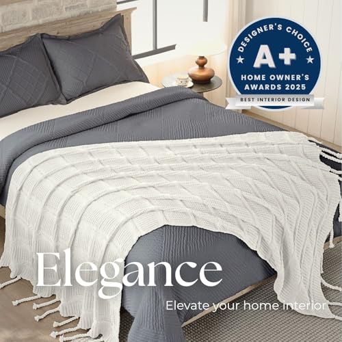 Boho Knitted Chenille Blanket with Tassels - Lightweight & Soft All-Season Throw - 3D Classic Pattern for Living Room Bedroom Couch, Cloud White, Throw 50"x60" - color: Cloud White, size: Throw