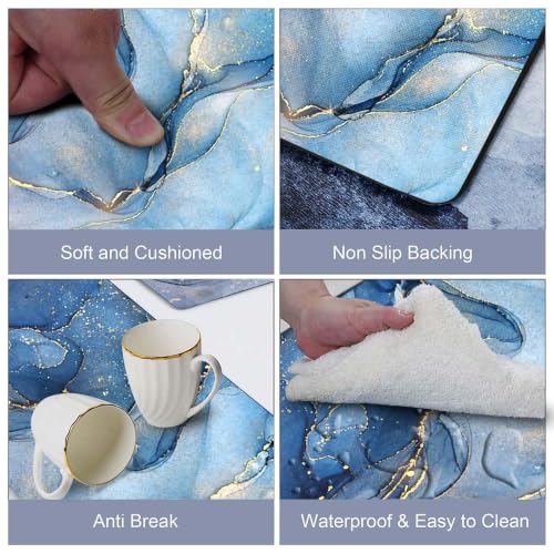 Mrcrypos Set of 2 Blue and Gold Marble Kitchen Mats PVC Leather Waterproof - color: Blue Marble, size: 17" W x 29" L + 17" W x 47" L