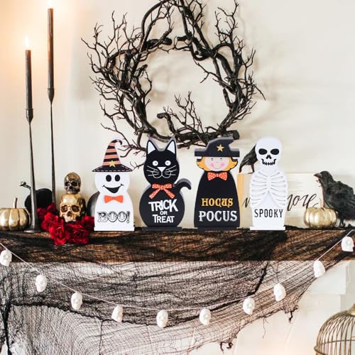Halloween Decorations Indoor, DECSPAS 4 PCS Wood Blocks Halloween Table Decor, Ghost Black Cat Skull Witch Gothic Tabletop Ornaments, Hocus Pocus Decorations for Home, Tiered Tray, Shelf, Mantel - style: Halloween - Ghost, Cat, Skull, Witch