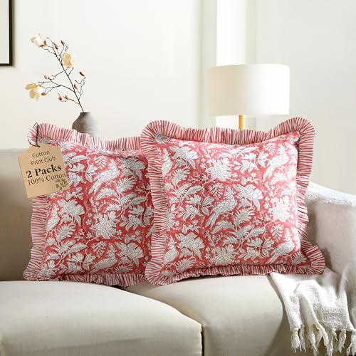 CPC Pink Coral Block Print Ruffle Pillow Cover 16x16 Inch, Pack of 2 - color: Pink Coral, size: 16" x 16" (Pack of 2)