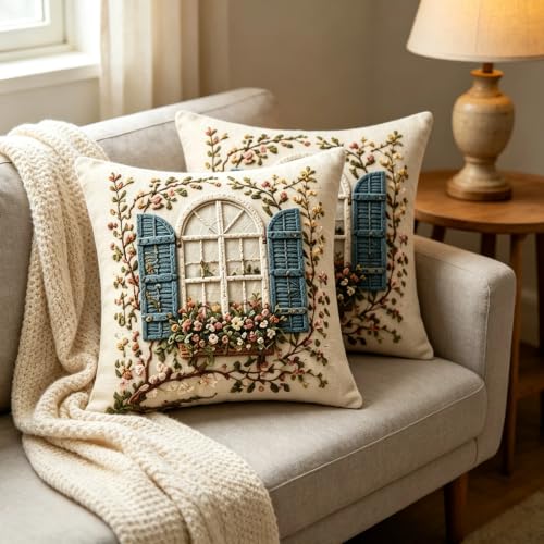 2D Flat French Arch Window Floral Linen Throw Pillow Covers 18x18 Set of 2 - color: A20025, size: 18" x 18" (Pack of 2)
