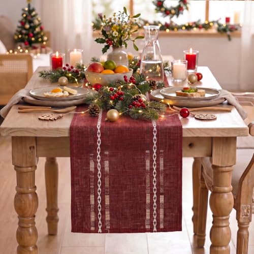 Artoid Mode Red Embroidered Blend Farmhouse Hollow Table Runner, Seasonal Christmas Rustic Kitchen Dining Table Decoration for Home Party Decor 13x48 Inch - color: Red, size: 13" x 48", Table Runner